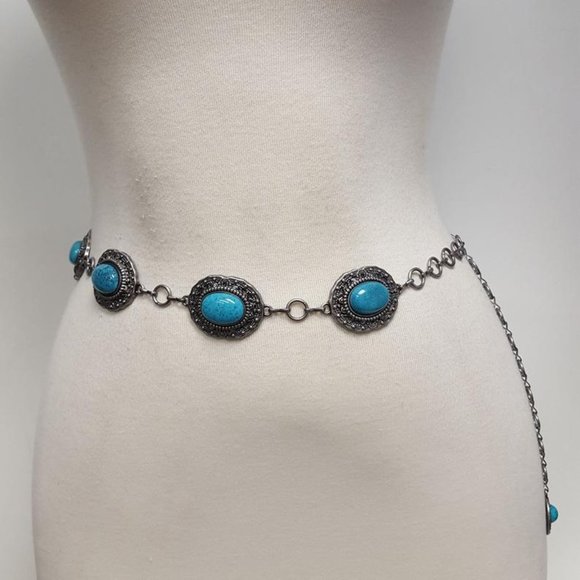 Accessories - Vintage Silver Western Turquoise Stone Chain Belt
